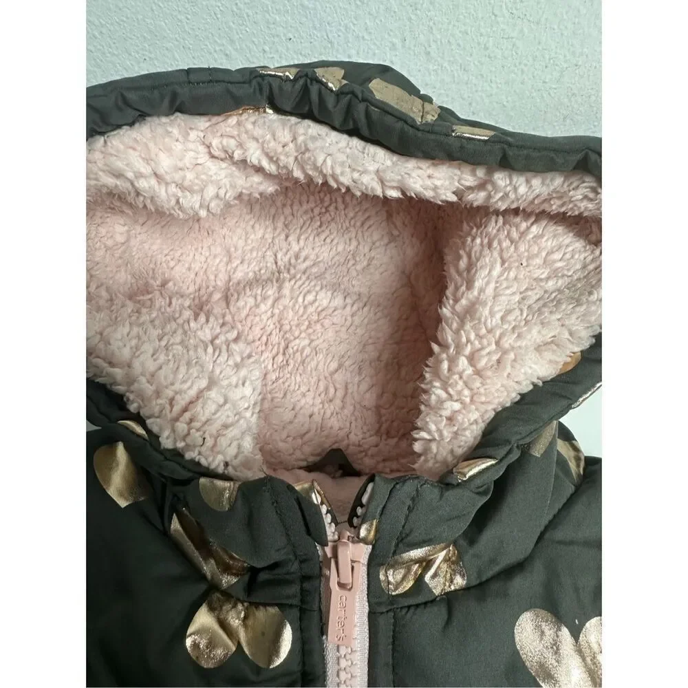 Carter's Puffer Coat Gold Hearts Print Size 4T Brown Pink See Description